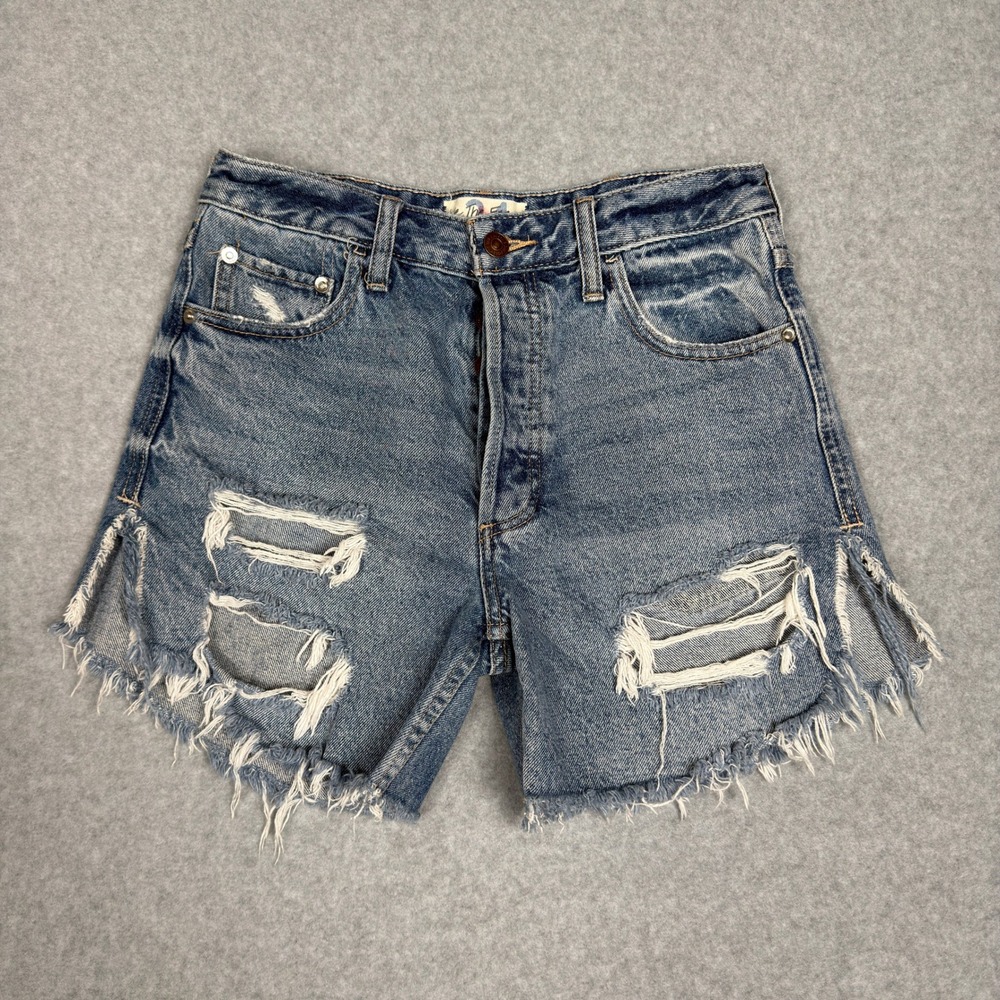 Free People We The Free Distressed Denim Cutoff Button Fly Shorts Blue Size 24